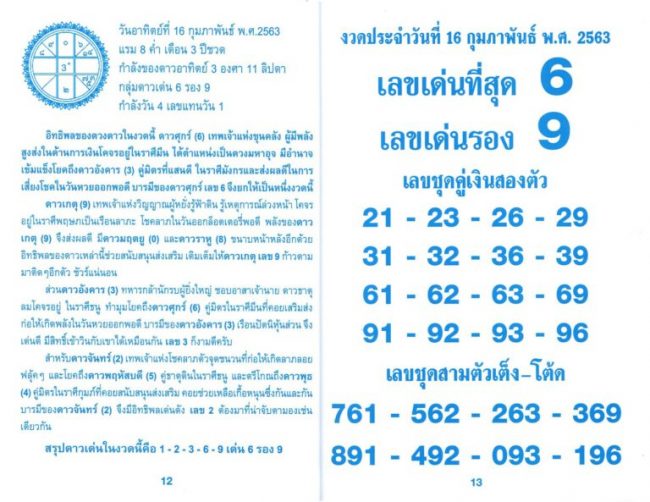 เลขเด็ด หวยปฏิทิน เต็งโต๊ด-160263