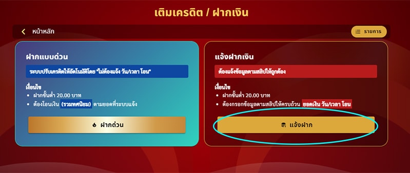 การแจ้งฝากเงิน